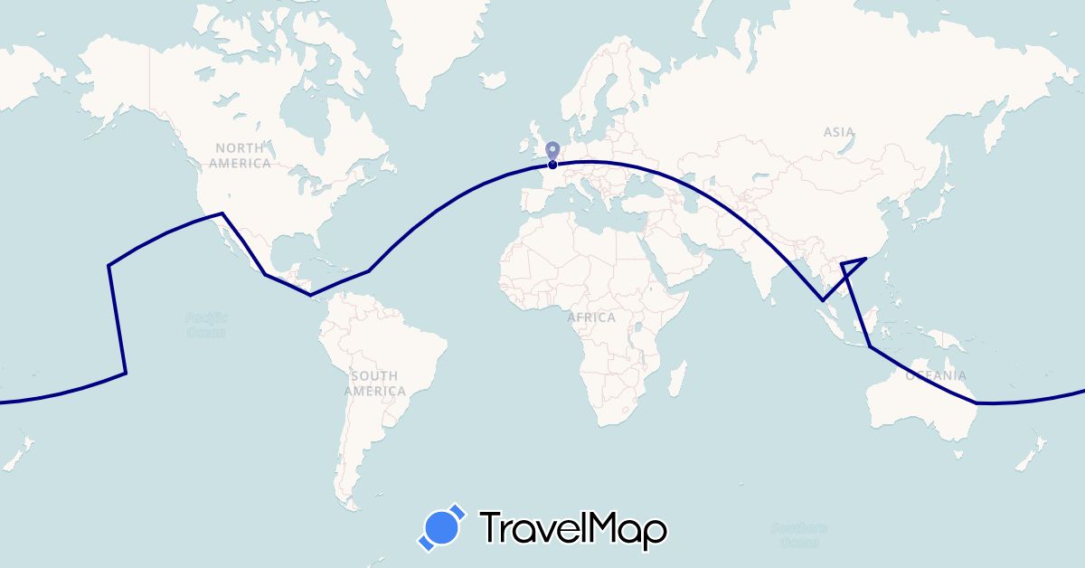 TravelMap itinerary: driving in Australia, Costa Rica, France, Indonesia, Macau, Mexico, French Polynesia, Thailand, United States, Vietnam (Asia, Europe, North America, Oceania)